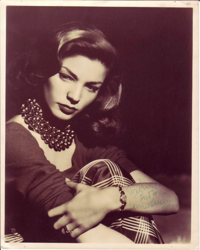 BACALL, LAUREN. Photograph Signed and Inscribed, “For Barrie / Best to you / Lauren Bacall / Bogart,”